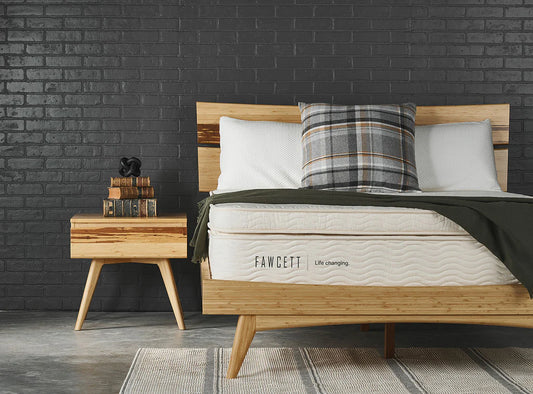 Cumberland 12.5" Hybrid Latex Mattress (M9) front view styled in bedroom with bamboo furniture