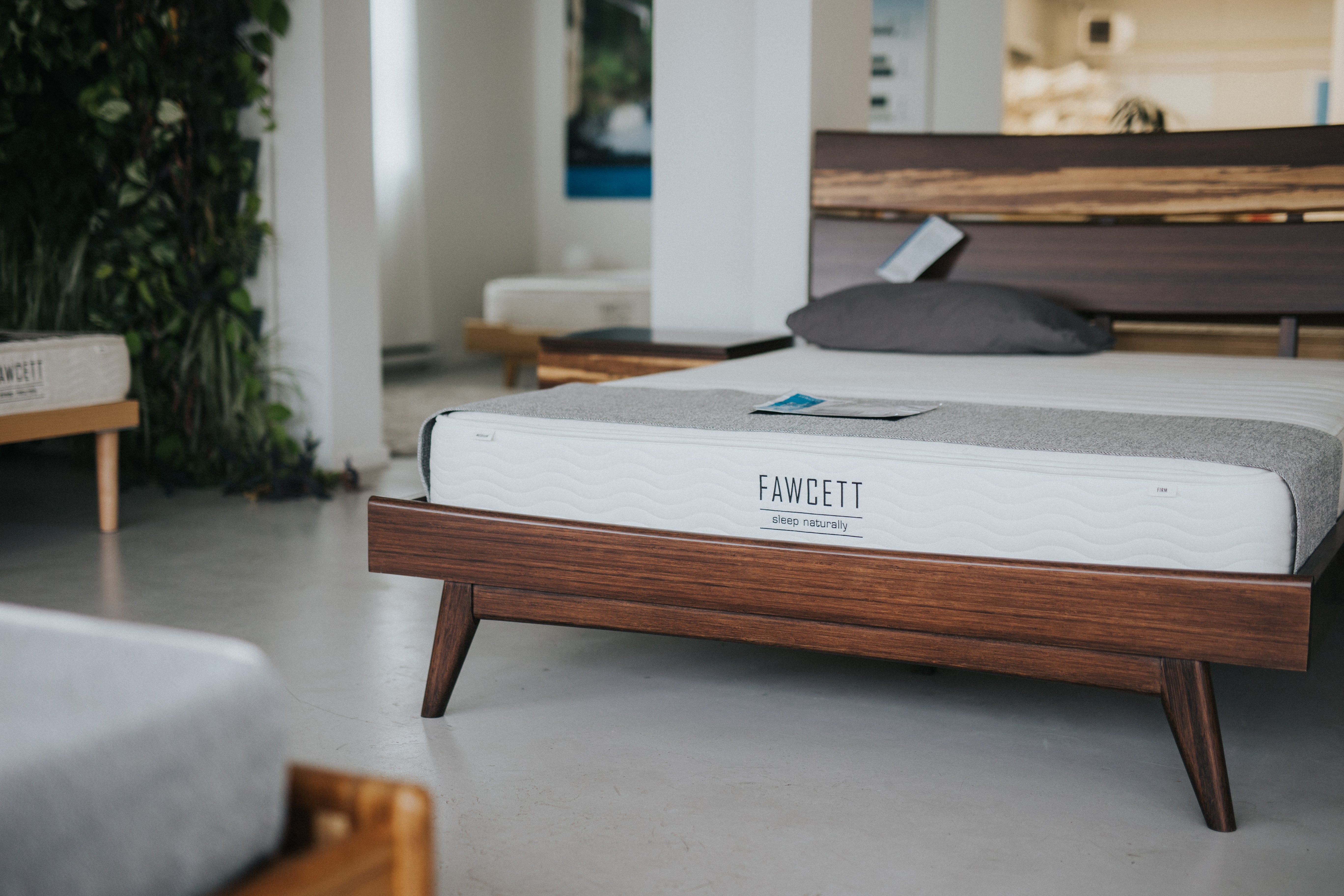 Modern wooden bed frame with Fawcett mattress in showroom.