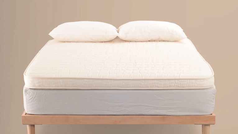 Front view of a neatly made bed with two pillows