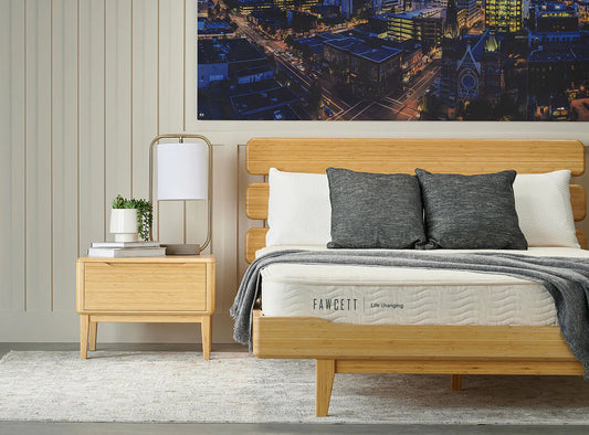 Goldstream 8" Hybrid Latex Mattress (M6) front view styled in bedroom with bamboo furniture