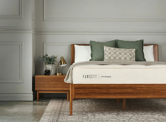 Nootka 12" Hybrid Latex Mattress (M7) front view styled in bedroom with bamboo furniture