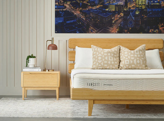 Sombrio 7" Natural Latex Mattress (M1) styled in bedroom